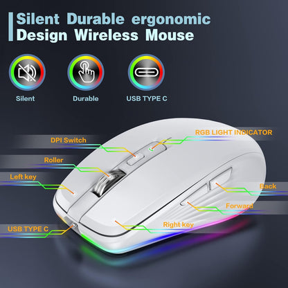 Rechargeable Wireless Mouse, 2.4G RGB 4 Adjustable DPI (Max 3600) Quiet Ergonomic Mouse with 6 Buttons for PC, Computer, Laptop, Chromebook,Tablet, Compact Cordless Mice, USB and USB-C Adapter (White)