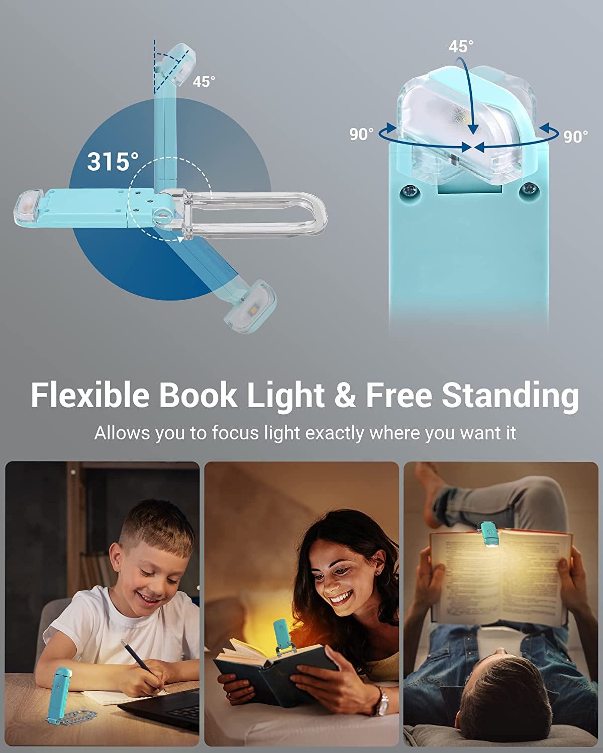 Book Reading Light with Clip, USB Rechargeble Booklight for Reading in Bed, Clip on Book Lamp, Brightness Adjustable, Sleep Aid Light, Warm White (Blue)