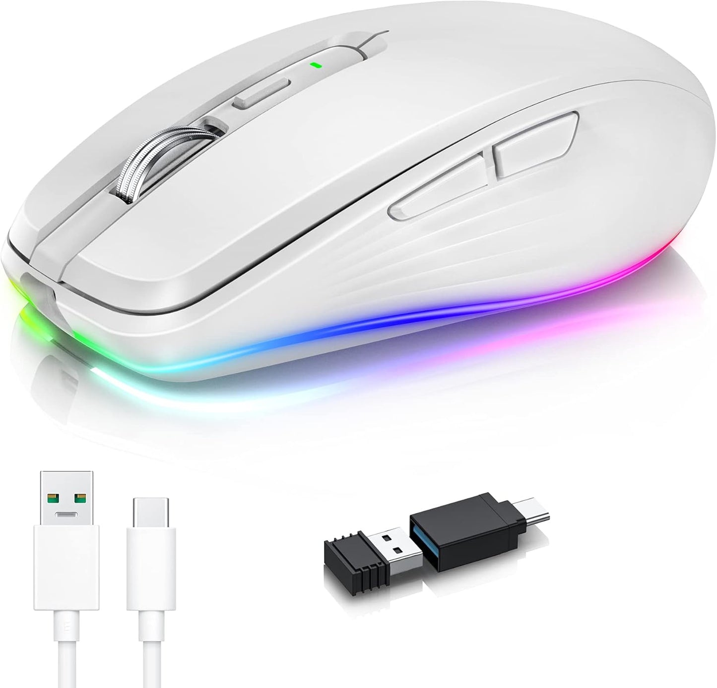 Rechargeable Wireless Mouse, 2.4G RGB 4 Adjustable DPI (Max 3600) Quiet Ergonomic Mouse with 6 Buttons for PC, Computer, Laptop, Chromebook,Tablet, Compact Cordless Mice, USB and USB-C Adapter (White)