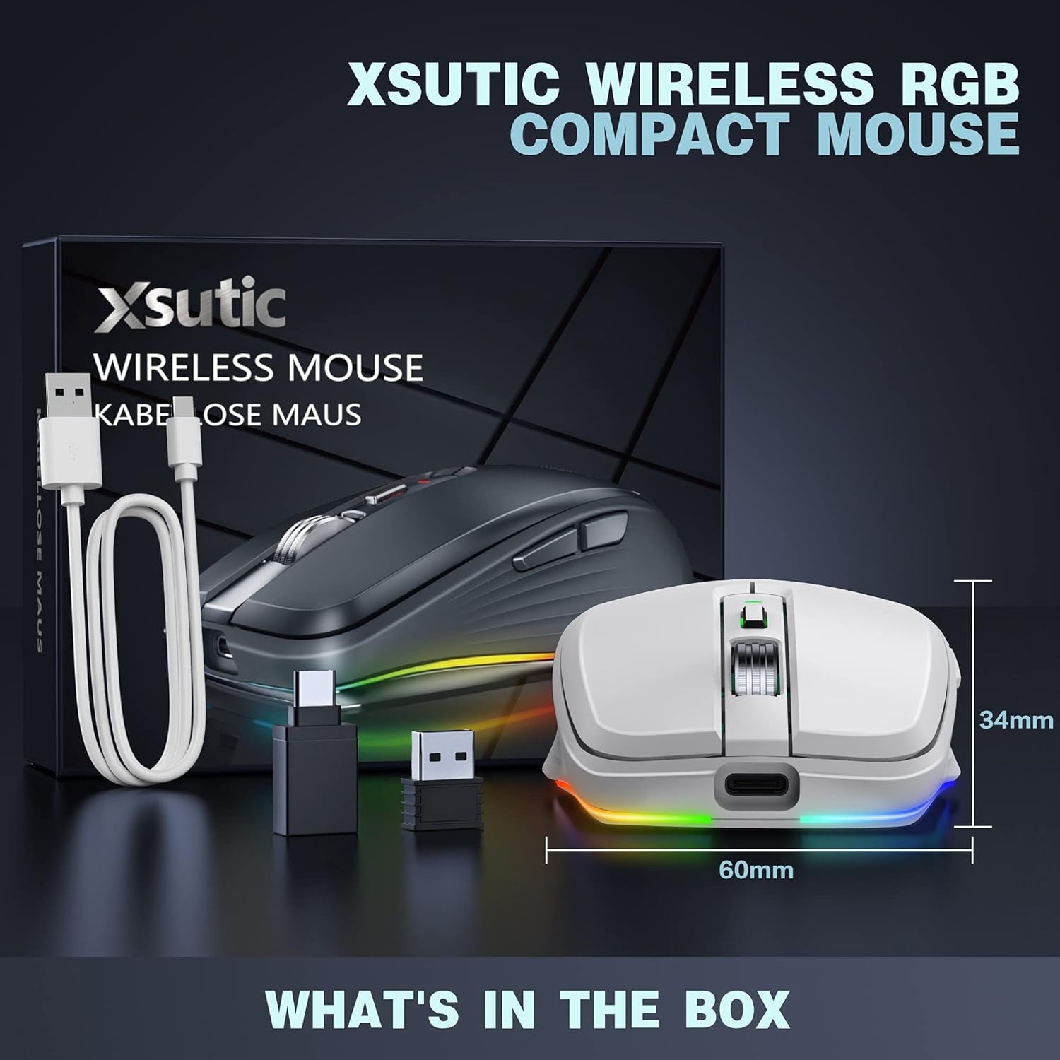 Rechargeable Wireless Mouse, 2.4G RGB 4 Adjustable DPI (Max 3600) Quiet Ergonomic Mouse with 6 Buttons for PC, Computer, Laptop, Chromebook,Tablet, Compact Cordless Mice, USB and USB-C Adapter (White)