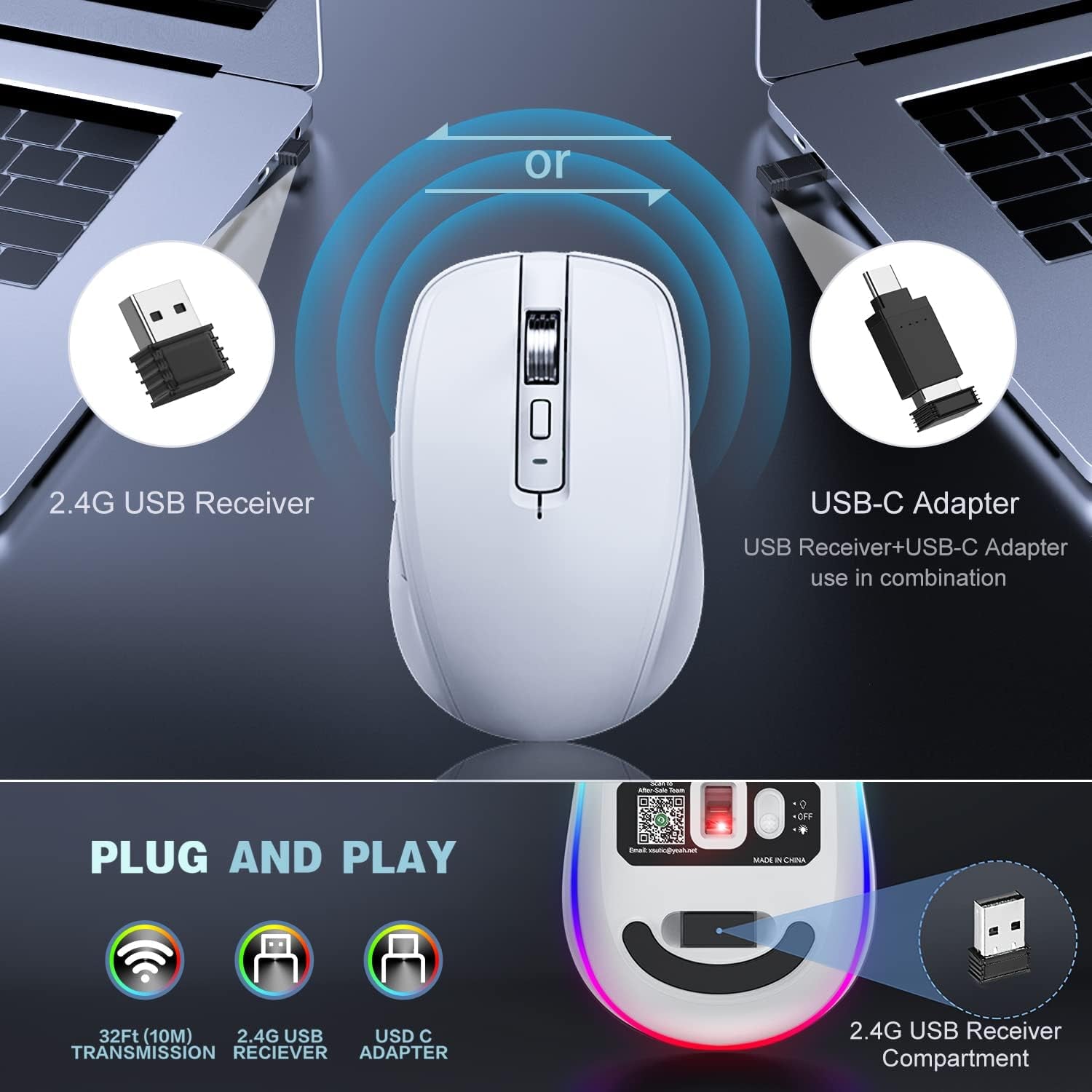 Rechargeable Wireless Mouse, 2.4G RGB 4 Adjustable DPI (Max 3600) Quiet Ergonomic Mouse with 6 Buttons for PC, Computer, Laptop, Chromebook,Tablet, Compact Cordless Mice, USB and USB-C Adapter (White)